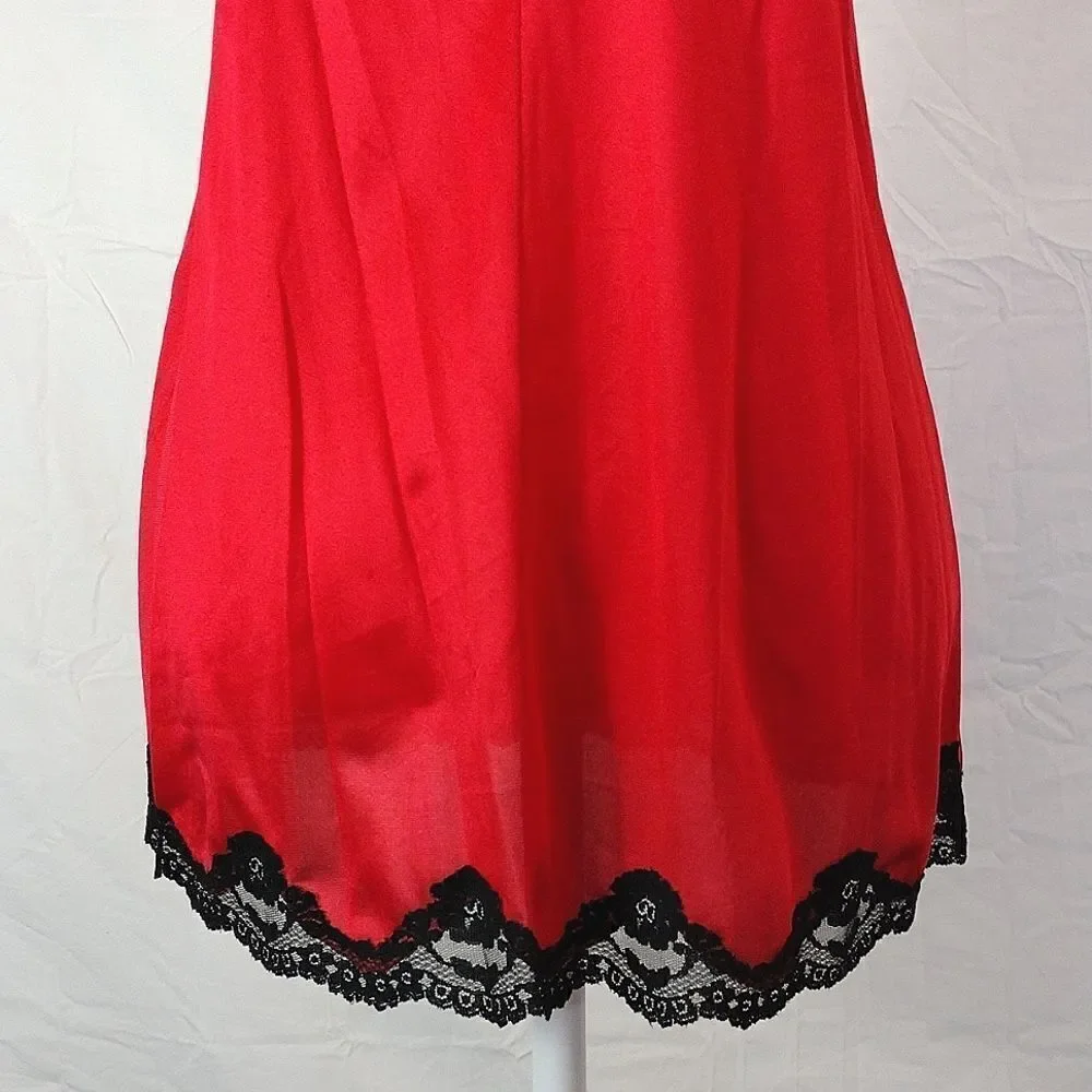 VTG 60s USA Red Black Nylon Scoop Neck Babydoll Lingerie Slip Small RARE - Picture 16 of 16